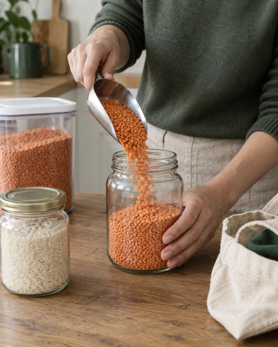Lentils being scooped into a reused glass jar beside a jar of rice